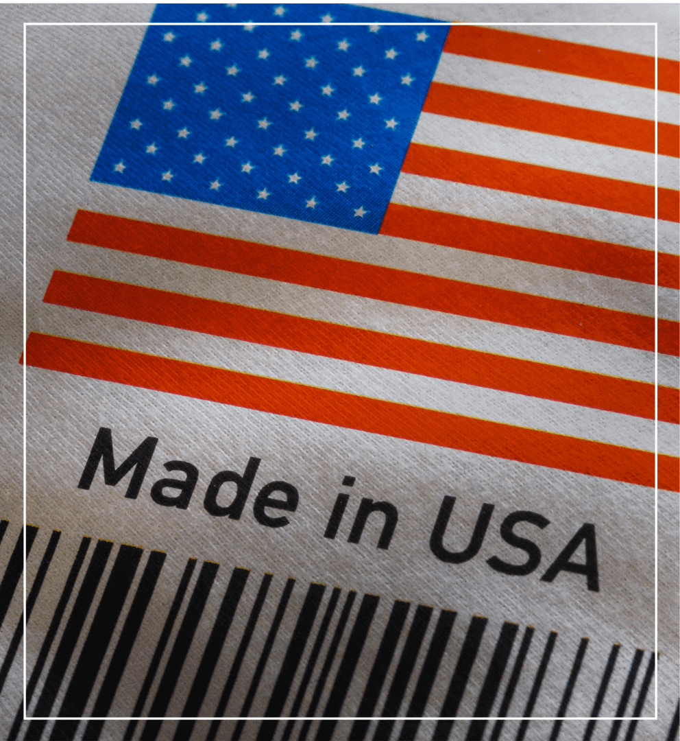 A label featuring the American flag above the text "Made in USA" and a barcode below.