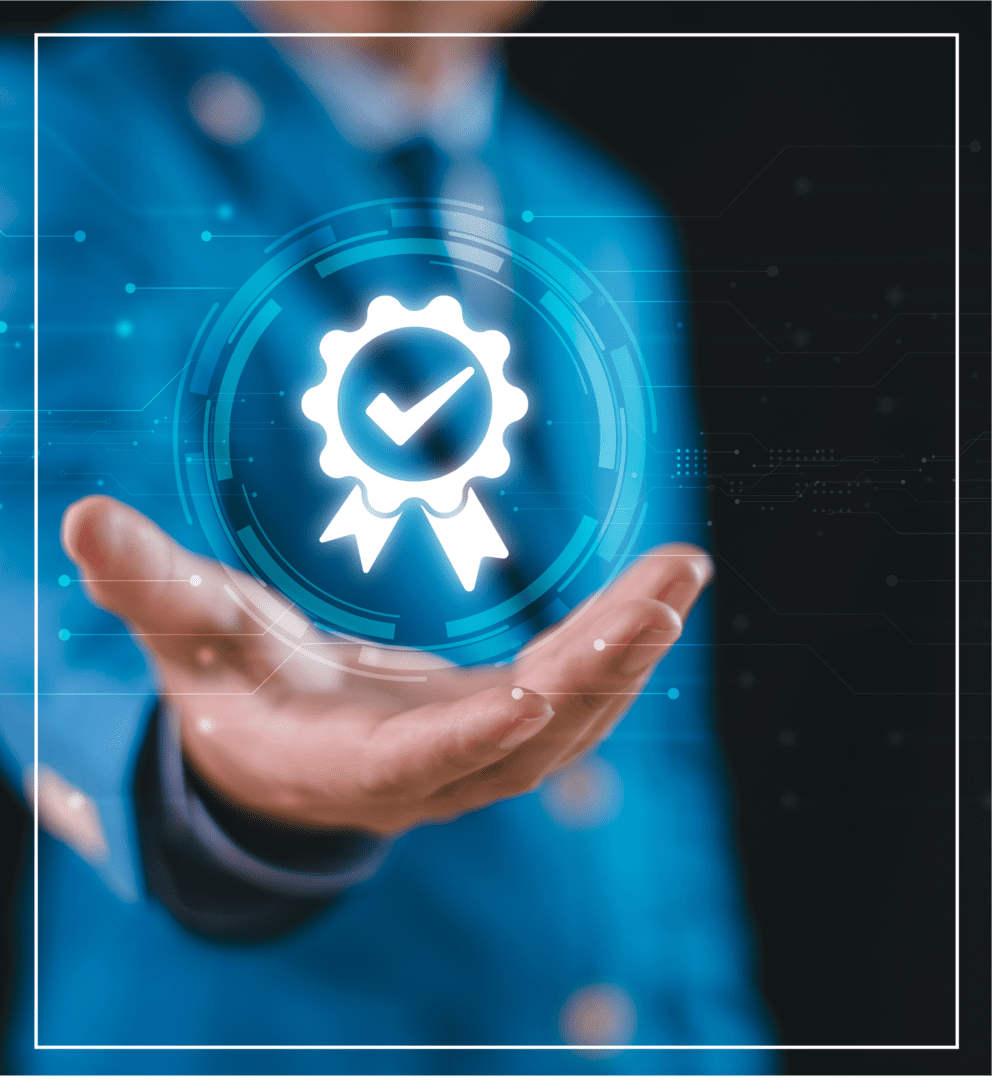 3 A person in a blue suit holds a holographic certification badge with a checkmark, symbolizing approval or achievement.