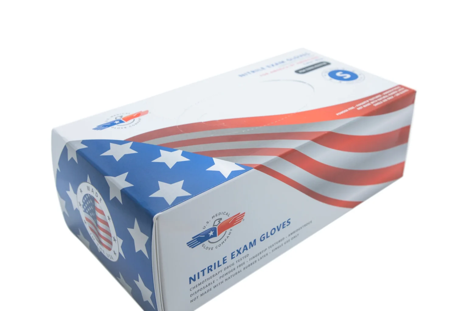 6I2A8599_BlueGlovebox_ec_081524_r2_hi-scaled.jpg A box of nitrile gloves with an american flag design.
