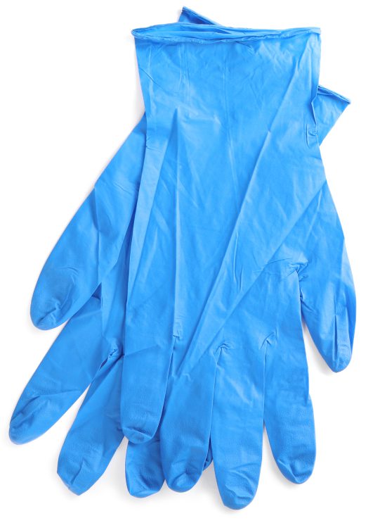 h2 (3) A pair of blue disposable latex gloves placed on a white background.