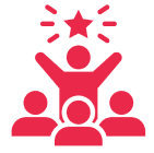 icons (3) Red icon of one figure with raised arms and star above, standing in front of three other figures, symbolizing leadership or achievement.